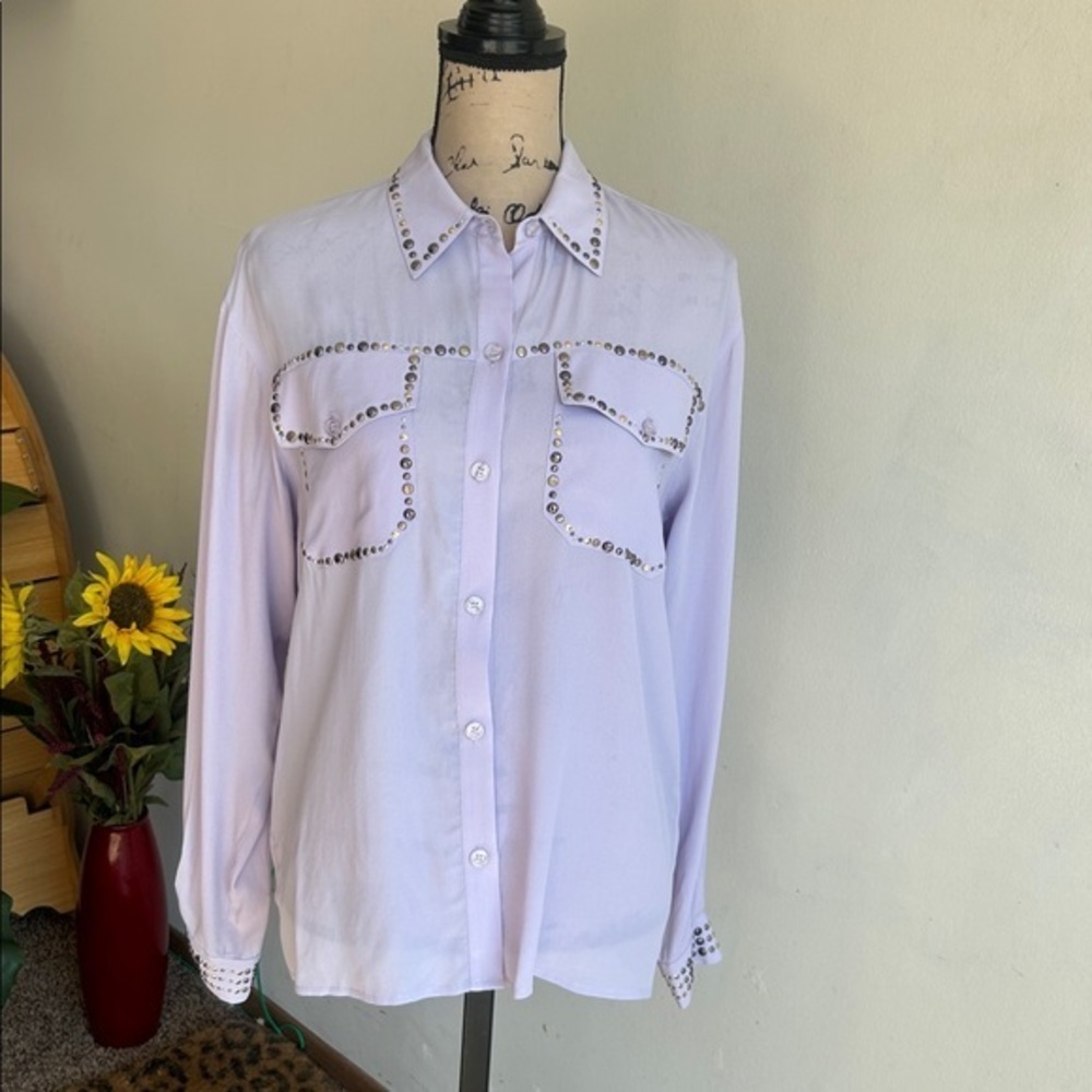 Pinko Button Up Silk Blend Metallic Studded Purple Blouse Size 4